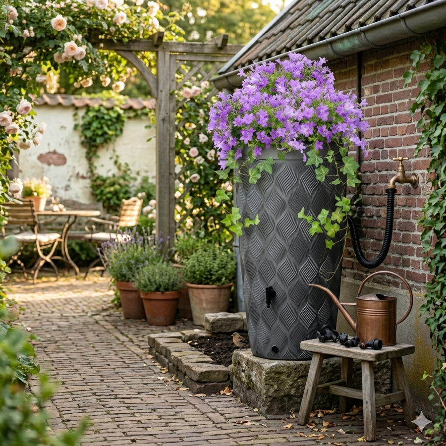 Regenton 240 liter – lifestyle foto in groene tuin
