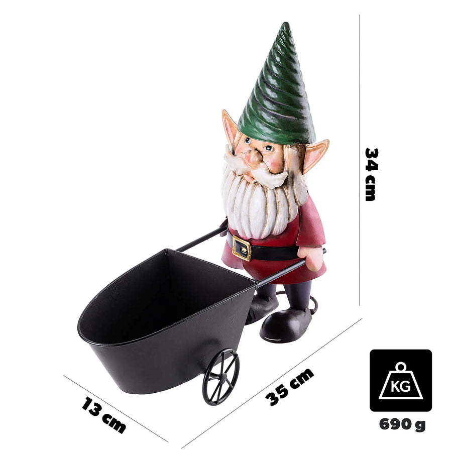 Stalen Tuinkabouter met Kar – 34 cm