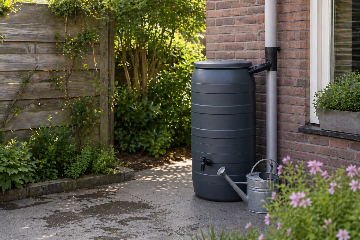 Schone regenton in Nederlandse tuin met gieter en onderhoudsborstel naast regenpijp
