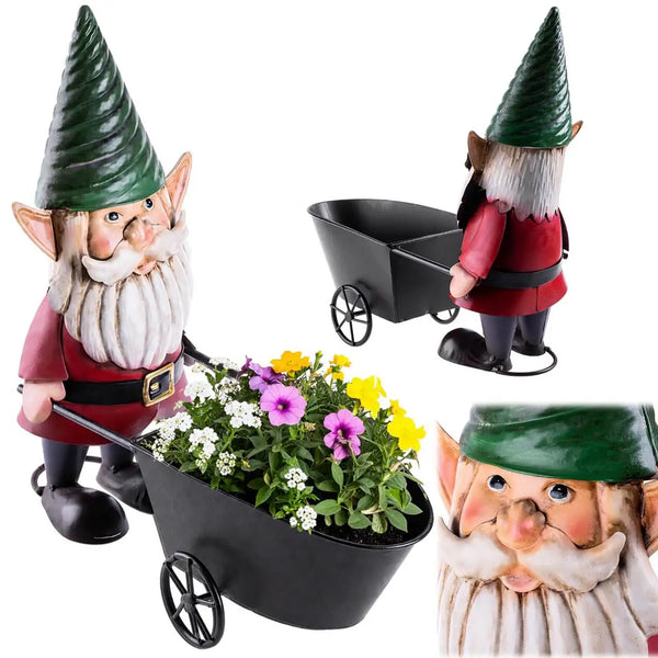 Stalen Tuinkabouter met Kar – 34 cm